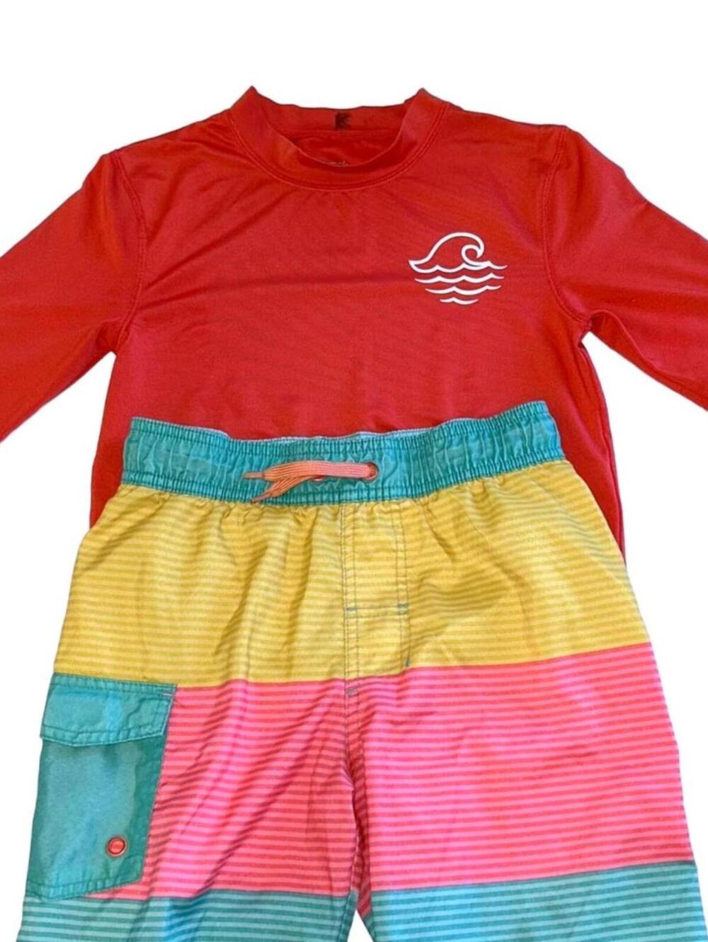 Lined Swim Trunks and Rash Guard Swim Shirt - Striped / Red - Boys M (10-12)